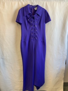 Womens, Jumpsuit, BUTTE KNIT , Purple, Polyester, Solid, W 32, B 38, H 40, C.A., Front Lace Up , S/S, Zip Back