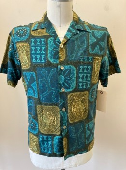 Mens, Hawaiian Shirt, IOLANI, Teal Blue, Aqua Blue, Brown, Beige, Moss Green, Cotton, Novelty Pattern, M, S/S, B.F., C.A., 1 Welt  Pckt,