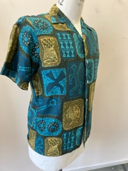 Mens, Hawaiian Shirt, IOLANI, Teal Blue, Aqua Blue, Brown, Beige, Moss Green, Cotton, Novelty Pattern, M, S/S, B.F., C.A., 1 Welt  Pckt,