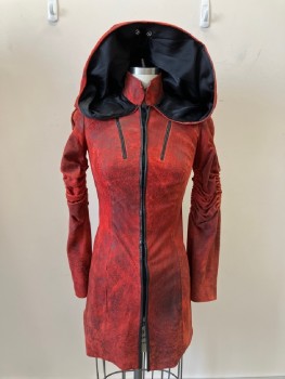 NO LABEL, Red, Black, Suede, Polyester, Mottled, Hood Attached With Snap Buttons, Sewn On Hair Clips, Turtleneck, Hook And Eye Closure Front, 2 Faux Welt Pockets On Chest, L/S, Ruched Elastic Detail On Sleeves, Multiples