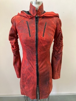 NO LABEL, Red, Black, Suede, Polyester, Mottled, Hood Attached With Snap Buttons, Sewn On Hair Clips, Turtleneck, Hook And Eye Closure Front, 2 Faux Welt Pockets On Chest, L/S, Ruched Elastic Detail On Sleeves, Multiples