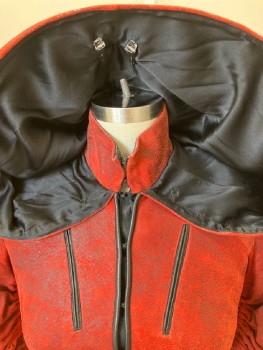 Womens, Sci-Fi/Fantasy Jacket, NO LABEL, Red, Black, Suede, Polyester, Mottled, B: 32, XS, Hood Attached With Snap Buttons, Sewn On Hair Clips, Turtleneck, Hook And Eye Closure Front, 2 Faux Welt Pockets On Chest, L/S, Ruched Elastic Detail On Sleeves, Multiples