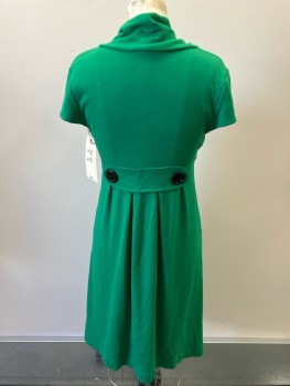 MTO, Green, Spandex Jersey Knit, Cap Slvs, Cowl,  Neck, Pleated Skirt, Pullover, Self Belt Tab Back with 2 Black Btns