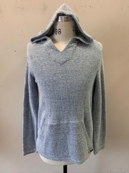 Mens, Pullover Sweater, FAHERTY, White, French Blue, Cotton, Polyester, Heathered, S, Hood Attached, V-neck, 1 Large Pocket