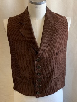 Mens, Vest 1890s-1910s, NL, Tobacco Brown, Dk Brown, Gray, Wool, Polyester, Pin Dot, Solid, C42, Notched Lapel, Button Front, 3 Pocket, Metal Buttons, Self Back Belt,