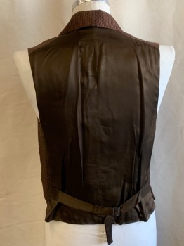 Mens, Vest 1890s-1910s, NL, Tobacco Brown, Dk Brown, Gray, Wool, Polyester, Pin Dot, Solid, C42, Notched Lapel, Button Front, 3 Pocket, Metal Buttons, Self Back Belt,