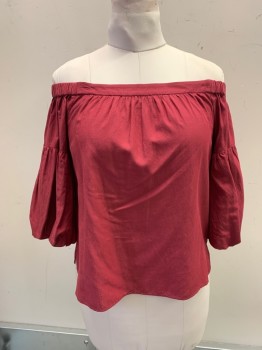 Womens, Top, BCBG, Dk Red, Rayon, Cotton, Solid, S, Elastic Off the Shoulder, Bell Sleeves,