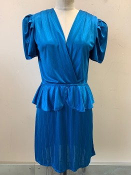 Joni Blair, Blue, Polyester, Stripes, S/S, V Neck, Crossover, Shoulder Pads, Pleated, Waist Flaps,