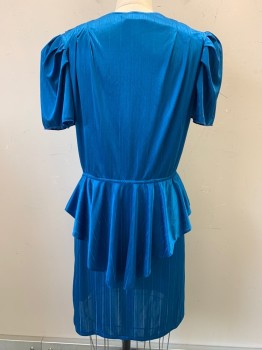 Joni Blair, Blue, Polyester, Stripes, S/S, V Neck, Crossover, Shoulder Pads, Pleated, Waist Flaps,