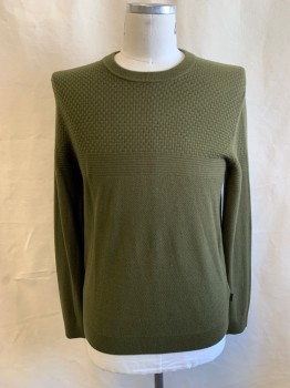 Mens, Pullover Sweater, TED BAKER, Dk Olive Grn, Polyester, Acrylic, Solid, Textured Fabric, L, V-N,