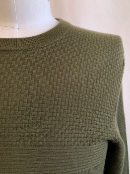 Mens, Pullover Sweater, TED BAKER, Dk Olive Grn, Polyester, Acrylic, Solid, Textured Fabric, L, V-N,
