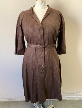 N/L MTO, Brown, Black, Cotton, Geometric, Tiny Squares/Diamonds Pattern, 3/4 Raglan Sleeves, Notched V-neck, Shirtwaist with Self Fabric Buttons in Front, A-Line, Knee Length, **With Matching Fabric BELT