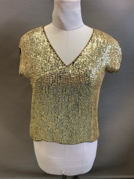 Womens, Evening Tops, LE MIEUX, Gold, Silk, M, All Over Sequins, V-N, Cap Sleeves