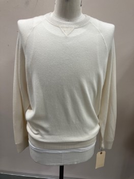 Mens, Pullover Sweater, BRUNO CUCINELLI, Ivory White, Cashmere, Solid, C42, L/S, CN, Raglan Slvs