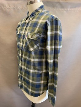 Mens, Casual Shirt, LEVI'S, Olive Green, Navy Blue, White, Cotton, Polyester, Plaid, XL, Long Sleeves, Button Front, Collar Attached, 2 Patch Pockets with Flaps