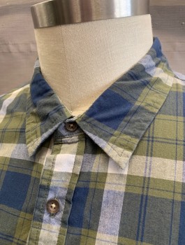 Mens, Casual Shirt, LEVI'S, Olive Green, Navy Blue, White, Cotton, Polyester, Plaid, XL, Long Sleeves, Button Front, Collar Attached, 2 Patch Pockets with Flaps