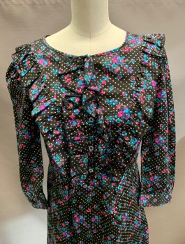 JUICY COUTURE, Black, Pink, Teal Blue, Gold, Silk, Floral, Dots, Tuxedo Front, CF Buttons, Side Zipper. Ruffles, at CF & CB.