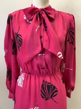 J.J. PETITE, Magenta Pink, Black, White, Polyester, Leaves/Vines , L/S, Crew Neck With Neck Tie, Button Front, Elastic Waist Band, Sheer, Shoulder Pads