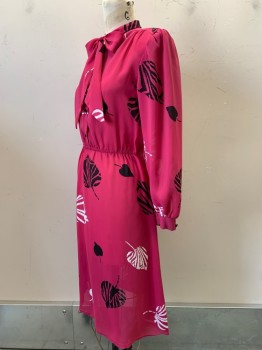 J.J. PETITE, Magenta Pink, Black, White, Polyester, Leaves/Vines , L/S, Crew Neck With Neck Tie, Button Front, Elastic Waist Band, Sheer, Shoulder Pads