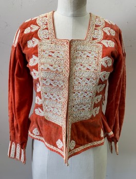 Womens, Historical Fiction Bodice, N/L MTO, Peach Orange, Cotton, Swirl , W:29, B:34, Velvet, Beige Passementarie and White Beaded Trim, Square Neck, Hook & Eye Closures at Front, Pleated Detail at L/S, Made To Order