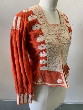 Womens, Historical Fiction Bodice, N/L MTO, Peach Orange, Cotton, Swirl , W:29, B:34, Velvet, Beige Passementarie and White Beaded Trim, Square Neck, Hook & Eye Closures at Front, Pleated Detail at L/S, Made To Order