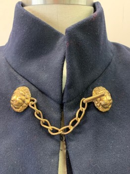 Unisex, Historical Fiction Cape, NL, Navy Blue, Gold, Wool, Solid, OS, Gold Lion Hardware at Neck with Chain Attached, Layered/Attached Upper, C.A.,