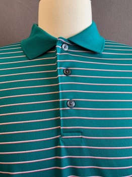 JACK NICKLAUS, Teal Blue, White, Pink, Polyester, Stripes - Horizontal , C.A., 1/2 Button Front, S/S, Small Yellow Bear Embroidred on Left Cuffs