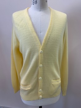 ARNOLD PALMER, Yellow, Acrylic, Solid, L/S, V Neck, Button Front, Top Pockets, Retro 1960's
