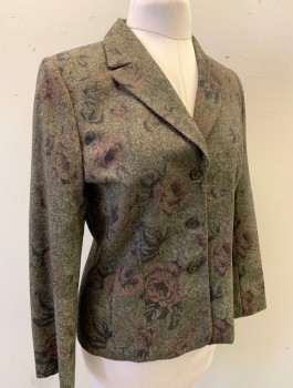 Womens, Jacket, KASPER, Brown, Mauve Pink, Dk Brown, Wool, Polyester, Floral, Tweed, B38, Sz.10, Single Breasted, Notched Lapel, 3 Buttons, Lightly Padded Shoulders, 2 Pockets, Solid Brown Lining
