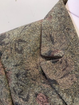 KASPER, Brown, Mauve Pink, Dk Brown, Wool, Polyester, Floral, Tweed, Single Breasted, Notched Lapel, 3 Buttons, Lightly Padded Shoulders, 2 Pockets, Solid Brown Lining