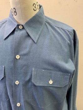 Mens, Casual Shirt, DICKIES, Cornflower Blue, Poly/Cotton, Oxford Weave, M, L/S, Button Front, 2 Chest Pockets with Flaps, White Top Stitch