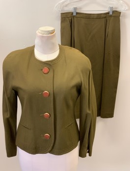 JACQUELINE FERRAR, Brown, Rayon, Solid, Padded Shoulders, Button Front, 2 Pckts, Amber & Gold Buttons