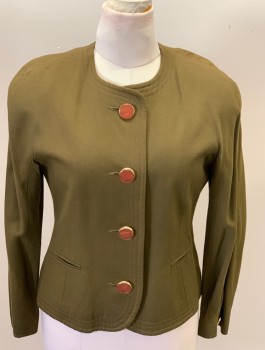 JACQUELINE FERRAR, Brown, Rayon, Solid, Padded Shoulders, Button Front, 2 Pckts, Amber & Gold Buttons
