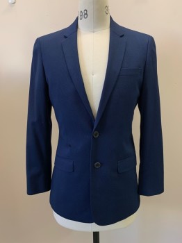 TOPMAN, Blue, Navy Blue, Polyester, Viscose, 2 Color Weave, 2 Buttons, Single Breasted, Notched Lapel, 3 Pockets,