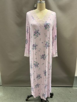 CHARTER CLUB, Lavender Purple, Purple, Olive Green, Multi-color, Rayon, Spandex, Floral, L/S, Full Length, V-N, Lace Trim On Neck And Sleeves