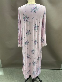 Womens, Nightgown, CHARTER CLUB, Lavender Purple, Purple, Olive Green, Multi-color, Rayon, Spandex, Floral, M, L/S, Full Length, V-N, Lace Trim On Neck And Sleeves