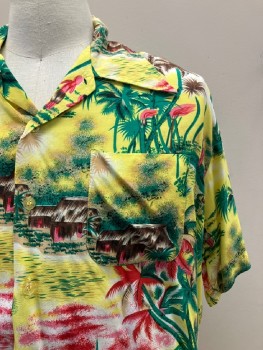 Mens, Shirt, ANDREW LEWIS, Yellow, Green, Red, Brown, Rayon, Tropical , XL, C.A., B.F., S/S, Chest Pockets,