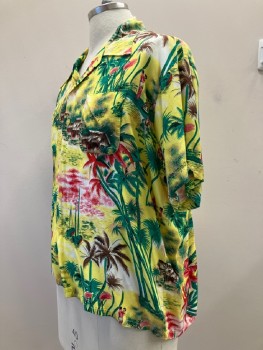 ANDREW LEWIS, Yellow, Green, Red, Brown, Rayon, Tropical , C.A., B.F., S/S, Chest Pockets,