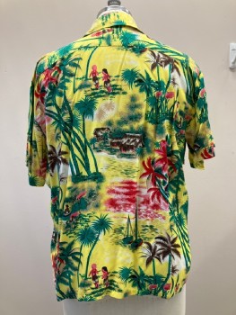 Mens, Shirt, ANDREW LEWIS, Yellow, Green, Red, Brown, Rayon, Tropical , XL, C.A., B.F., S/S, Chest Pockets,