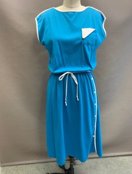 OOPS OF CALIFORNIA, Turquoise Blue, Polyester, Solid, Jersey, White Trim, Cap Sleeves, Boat Neck, Elastic Waist, 1 Patch Pocket With White Flap At Chest, White Buttons Vertically Down Side At Hip, Knee Length, **With Matching Thin BELT /Tie