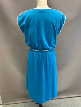 OOPS OF CALIFORNIA, Turquoise Blue, Polyester, Solid, Jersey, White Trim, Cap Sleeves, Boat Neck, Elastic Waist, 1 Patch Pocket With White Flap At Chest, White Buttons Vertically Down Side At Hip, Knee Length, **With Matching Thin BELT /Tie
