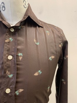 B GARBO, Dk Brown, Lt Brown, Mint Green, Polyester, Stripes, Print, L/S, Button Front, Collar Attached,