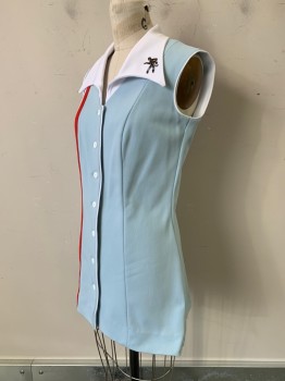 Womens, Athletic, NO LABEL, Baby Blue, White, Red, Polyester, Color Blocking, W31, B36, Tennis Top, Button Front, C.A., Sleeveless Side Vertical Bands, Patch on Collar