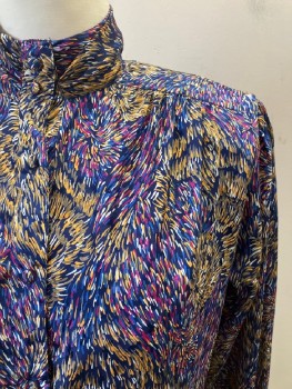 PLYMOUTH, Navy Blue, Gold, Magenta Pink, Taupe, White, Polyester, Abstract , Ruched High Neck, Puffed L/S, B.F. With Covered Self Buttons