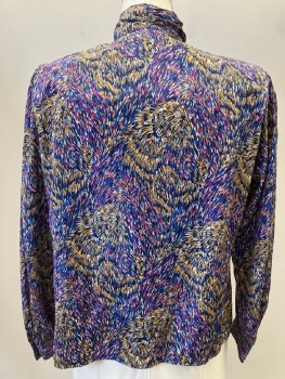 PLYMOUTH, Navy Blue, Gold, Magenta Pink, Taupe, White, Polyester, Abstract , Ruched High Neck, Puffed L/S, B.F. With Covered Self Buttons