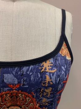 Womens, Top, LATITUDE, Blue, Multi-color, Polyester, Lycra, Novelty Pattern, S, Adj Straps, Scoop Neck, Bra Attached, Oriental-ism Motif, Tan And Red "Asian" Characters