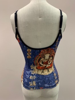 LATITUDE, Blue, Multi-color, Polyester, Lycra, Novelty Pattern, Adj Straps, Scoop Neck, Bra Attached, Oriental-ism Motif, Tan And Red "Asian" Characters
