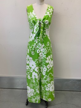 Austin Hill, Lime Green, White, Cotton, Polyester, Floral, Sleeveless, V Neck with Tie, Button Front,
