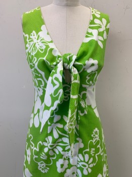 Austin Hill, Lime Green, White, Cotton, Polyester, Floral, Sleeveless, V Neck with Tie, Button Front,