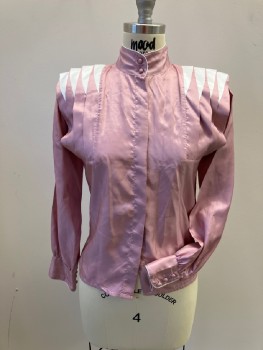 MELODY BROOKS, Dusty Rose Pink, White, Polyester, Solid, Color Blocking, Concealed B.F., Stand Collar with 2 Self Covered Btns & White Piping, Wide Knife Pleats At Yoke Line Go From Pink On Front To White On Back, L/S with Self Covered Button Cuffs with White Piping